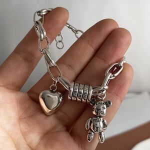 925 Sterling Silver with Heart and Teddy Bear Charm Bracelet